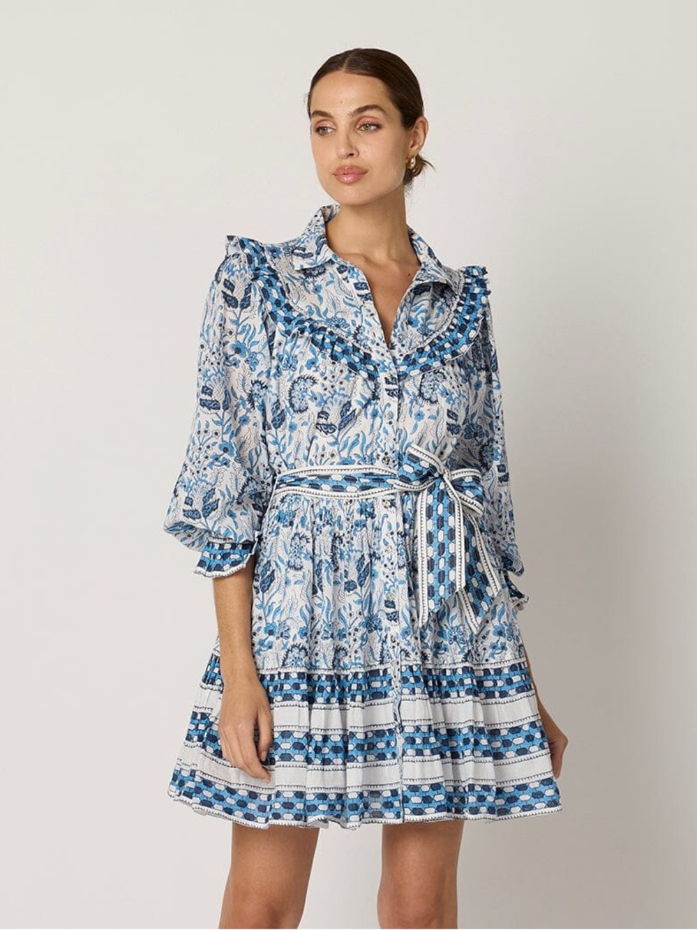 Cleobella Lotte Mini Dress in Vintage Blue Print size Small